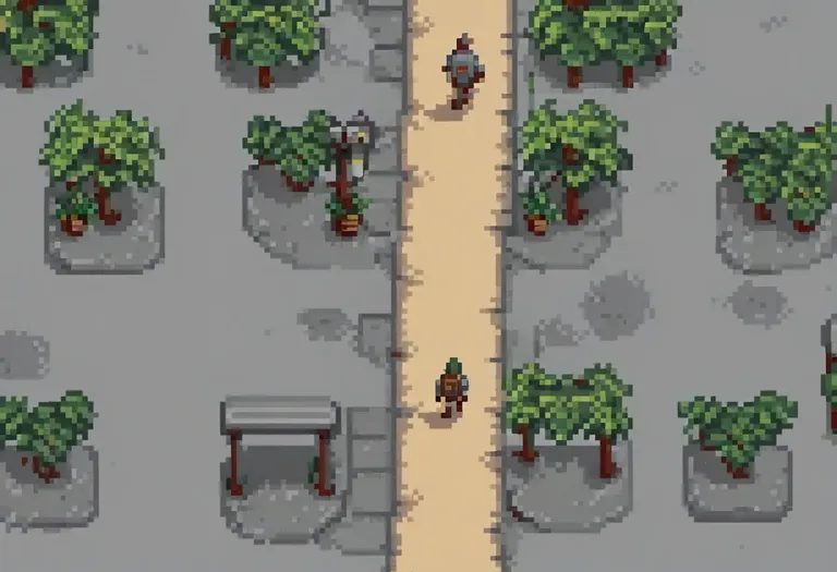 Pixel-art crossroads card scene
