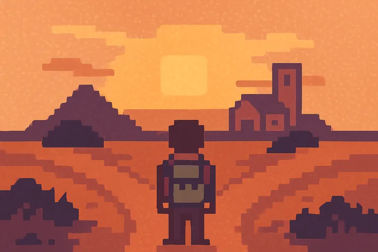 Pixel-art crossroads card scene