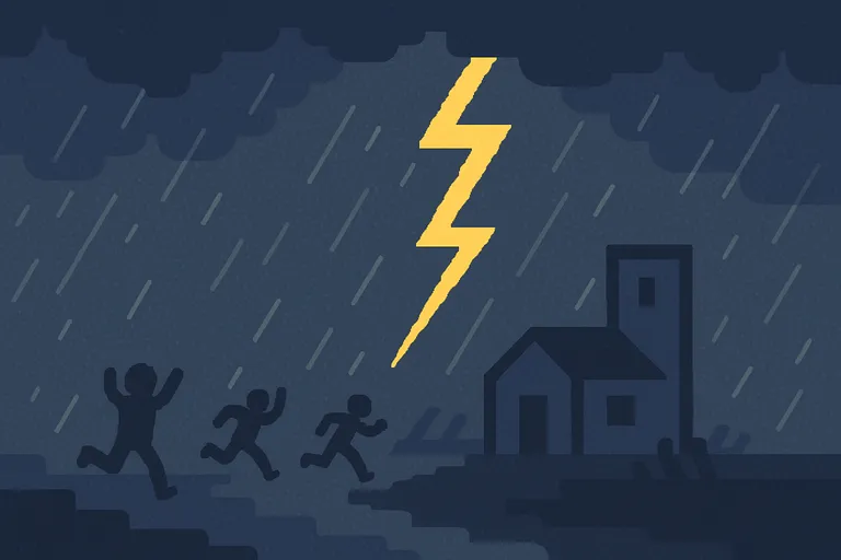 Pixel-art storm crisis card scene