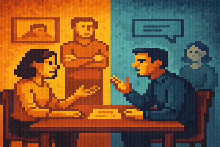 Pixel-art dispute card scene