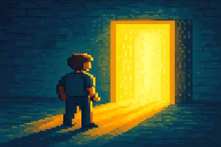 Pixel-art glowing doorway card scene